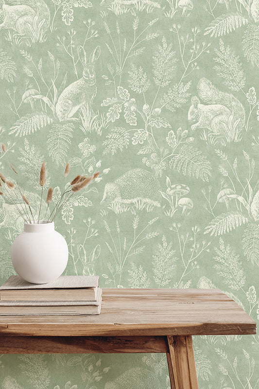 Woodland Green Toile Wallpaper