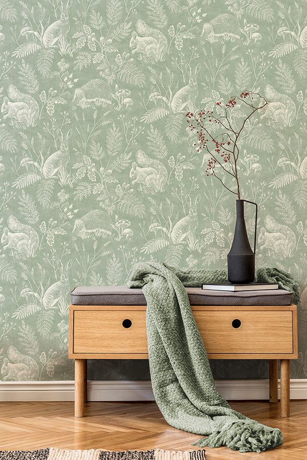 Woodland Green Toile Wallpaper