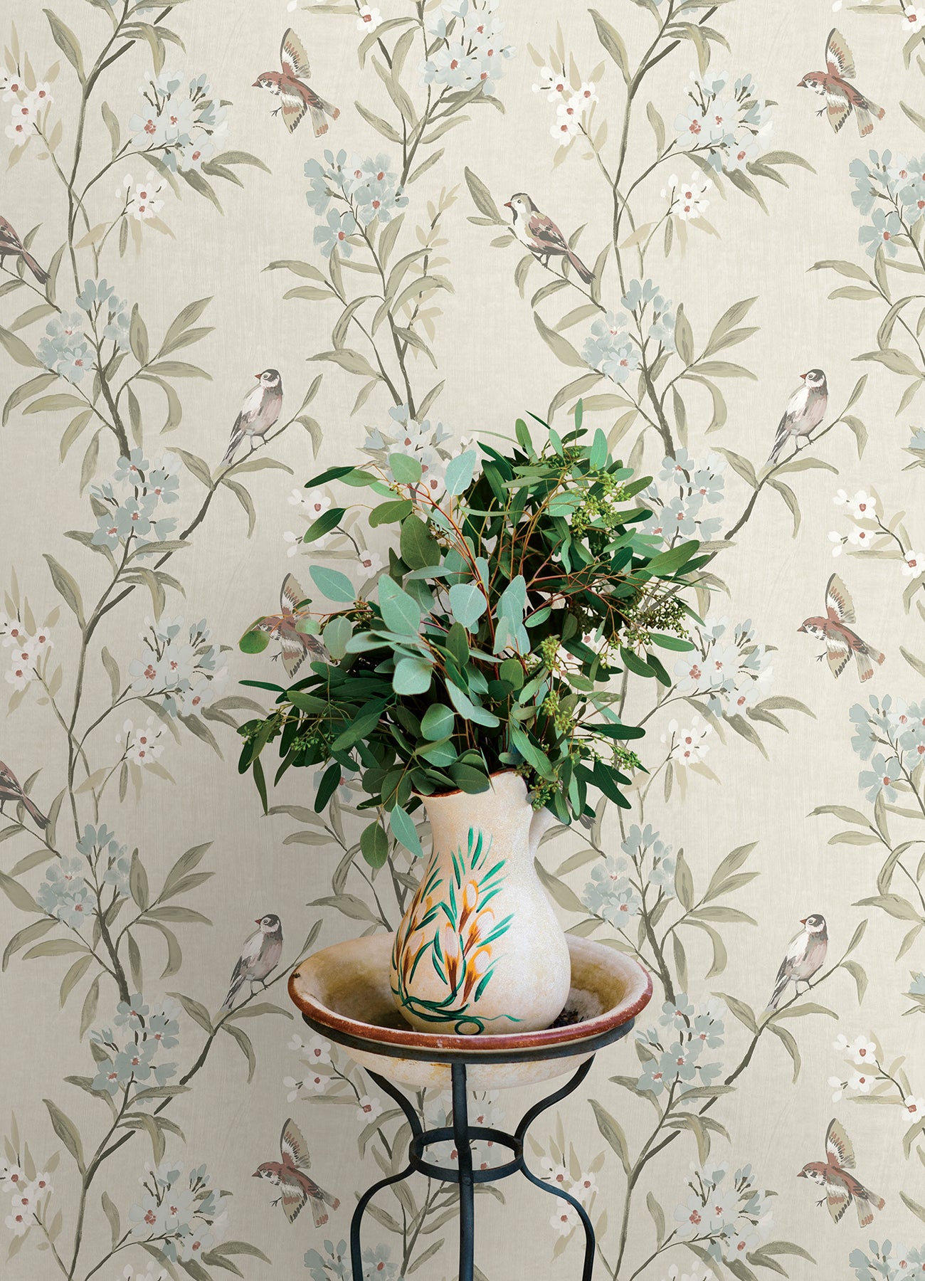 Tea Olive Beige Finch Frolic Wallpaper